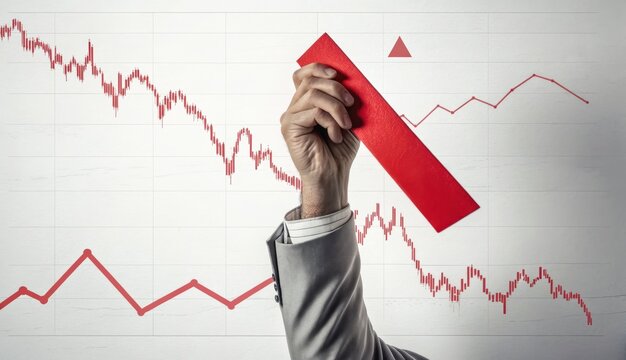 Stock market volatility investor fear index concept with hand holding red arrow pointing down on financial graph background