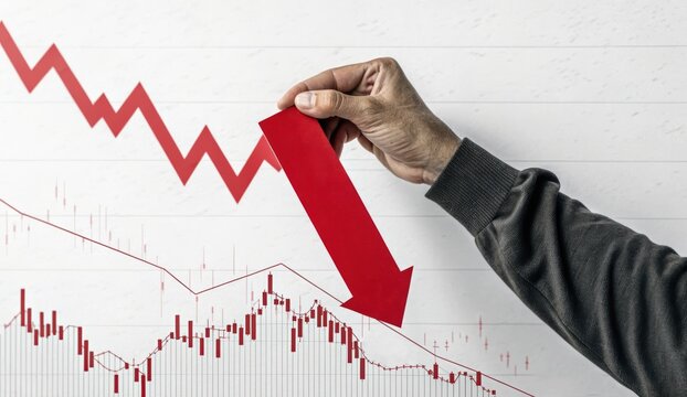 Stock market volatility investor fear index concept with hand holding red arrow pointing down on financial chart showing decline