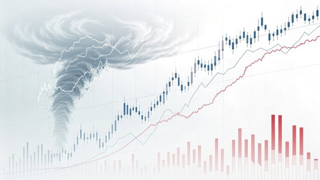 Stock market volatility creates investor fear as index fluctuates sharply with tornado symbolizing market turbulence and uncertainty