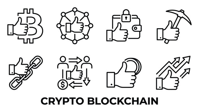 Crypto blockchain icons set with thumbs up representing success and growth in digital currency and mining.