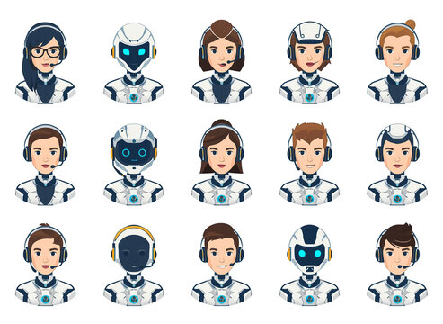 AI Customer Service Agents Collection with Human and Robot Support Avatars Vector Set