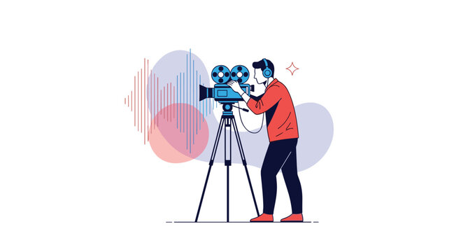 Professional cameraman operating a large video camera on a tripod with abstract sound wave patterns in background.