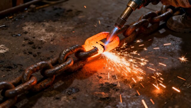 Close-up of a glowing hot metal chain being forged with sparks