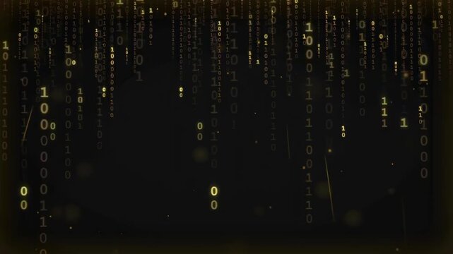 Abstract Golden Binary Code Rain Falling on Dark Background for Technology and Data Concept