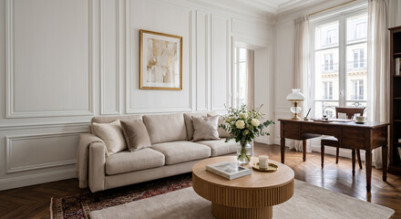 A bright, elegant living room with a sofa, coffee table, and a wooden desk by the window. Natural light fills the space, creating a serene atmosphere.