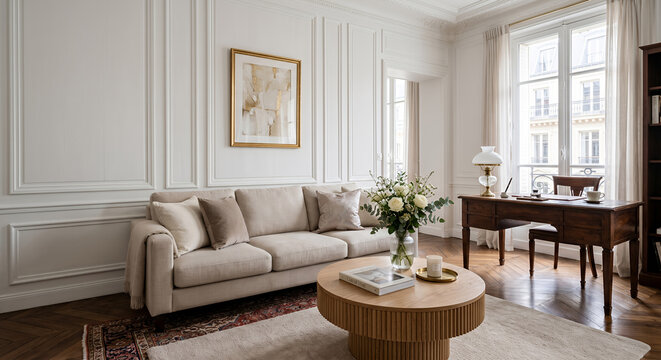 A bright, elegant living room with a sofa, coffee table, and a wooden desk by the window. Natural light fills the space, creating a serene atmosphere.