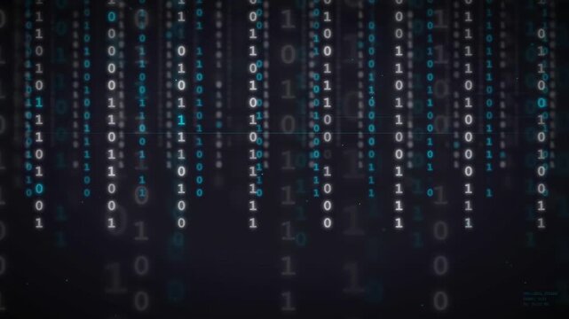 Abstract digital binary code rain falling on a dark background for technology and data concepts
