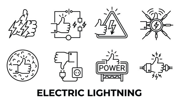 Electric lightning thumbs up sign with lightning bolts danger electricity current power electricity warning concept.