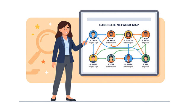 Flat vector illustration of a business woman presenting a candidate network map, showcasing connections and relationships