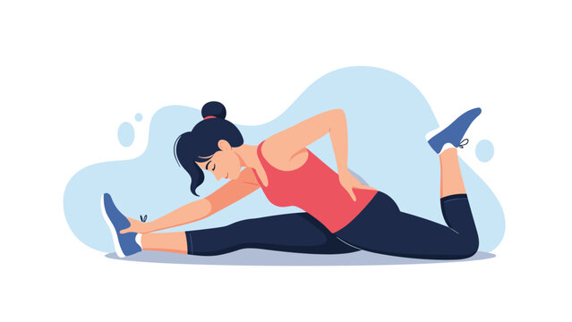 Fit young woman in red and black athletic wear performs a split stretch on a yoga mat to improve her flexibility during a workout.