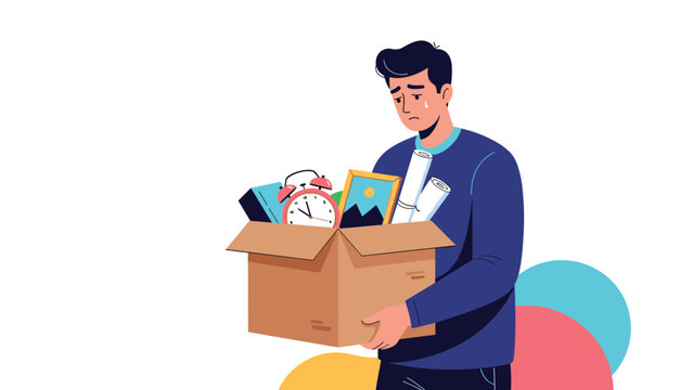 Sad and stressed man in a blue sweater carries a cardboard box filled with his personal office items after losing his job or moving.