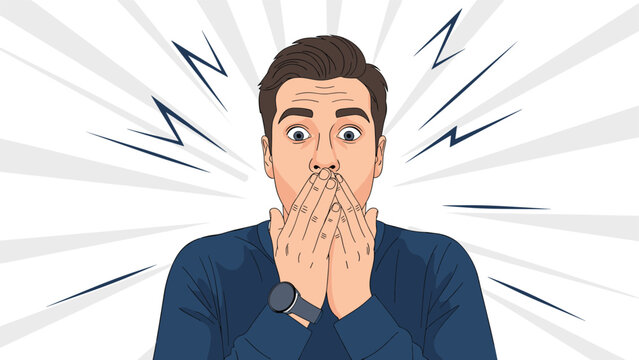 Terrified or shocked young man in a dark blue sweater covers his mouth with both hands and opens his eyes wide in total disbelief.