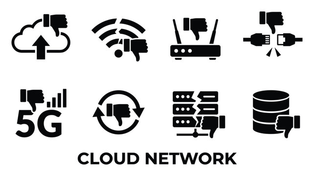 Set of cloud network icons showing failure status with negative hand gesture for technical issues.