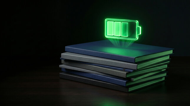 Glowing Green Full Battery Icon Hovering Over Stack of Notebooks