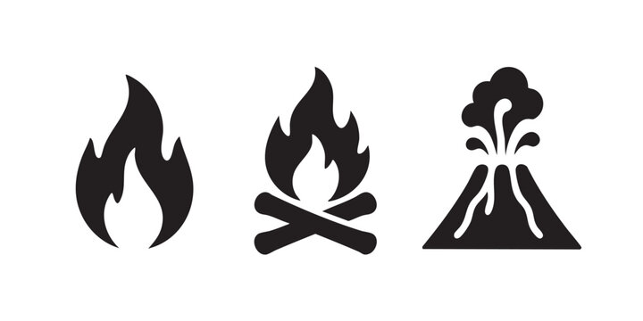 Fire Flame and Volcano Black Silhouette Icon Set