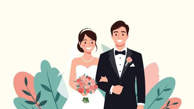 Happy bride and groom standing together in wedding attire with flower bouquet against soft floral and leaf background.