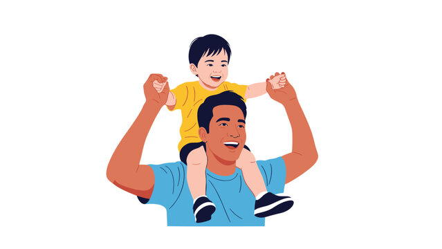 Happy father carrying his young son on his shoulders as they both smile and hold hands against a plain white background.