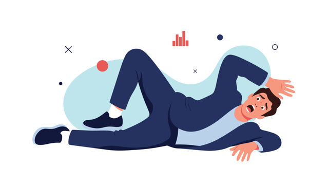 Scared businessman in a suit falling backwards with an expression of fear and shock against an abstract blue and white background.