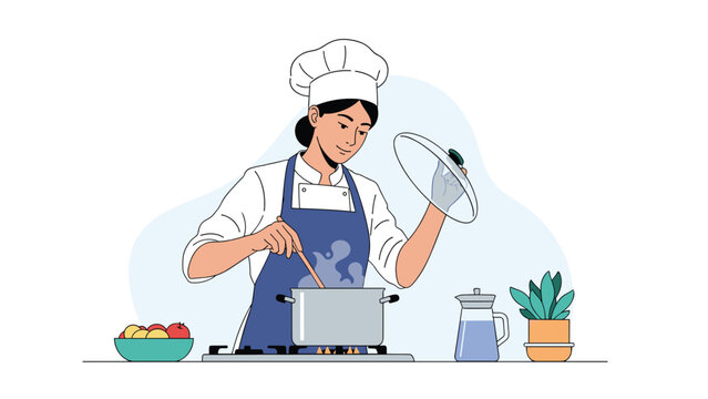 Skilled female chef in a white hat and blue apron cooking a steaming meal in a pot on a stove in a clean and modern kitchen setting.