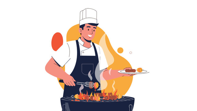 Professional chef in a uniform and white hat grilling meat kebabs on a barbecue grill with flames and smoke in a festive outdoor setting.