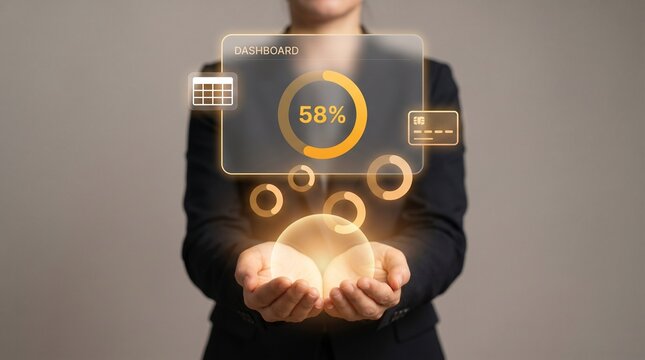 Businesswoman Holds Glowing Dashboard Panel Displaying 58 Percent Completion, Presenting Donut Charts, Calendar Icons, and Payment Cards, Focusing on Project Tracking, Business Reporting