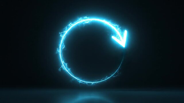 Glowing neon blue circular arrow symbolizing energy flow and futuristic motion.