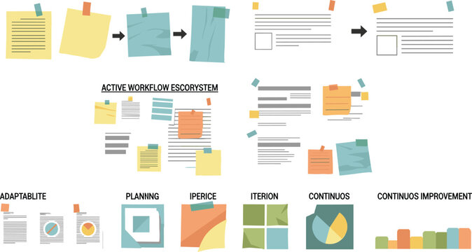 Agile project management workflow vector illustration set with sticky notes and business planning data charts for professional office infographics and corporate dashboard design