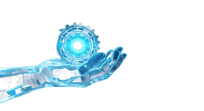 A highly detailed translucent sci-fi hand holding a glowing cyan geometric gear, bathed in dramatic blue rim light against a dark digital neural network void concept of artificial intelligence power