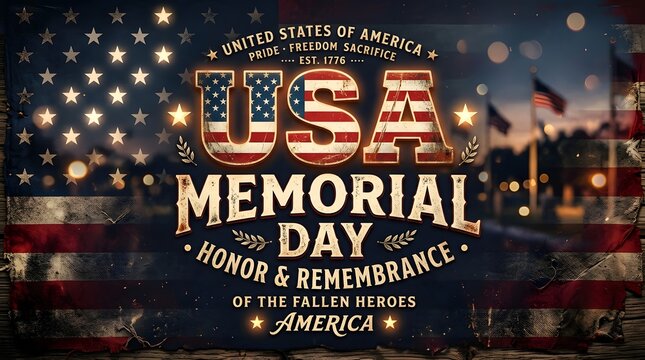 USA memorial day honor and remembrance of fallen heroes with american flag and bokeh background.
