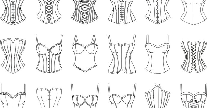 Corset, lingerie, and bodice vector illustrations, women's fashion icons, 20 outline style designs