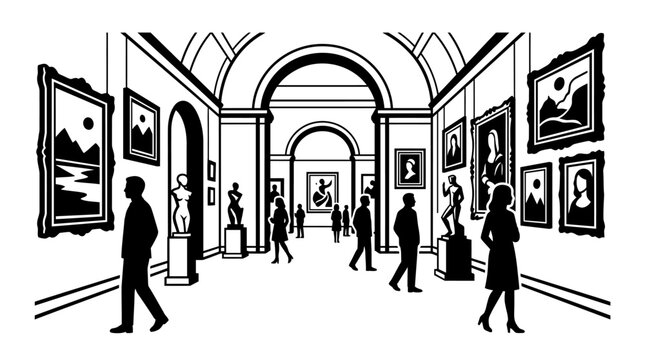 People walking through a classical art museum gallery.