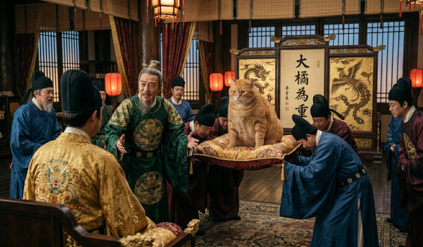 "大橘為重" (d&agrave; j&uacute; w&eacute;i zh&ograve;ng) is a clever Chinese pun based on the idiom "大局為重," meaning "to prioritize the big picture." Since "局" (situation) and "橘" (orange cat) are homophones