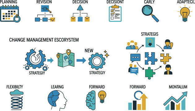  Change management ecosystem infographic vector icons set for corporate strategy planning and agile business transformation presentation template layout