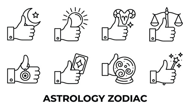 Astrology zodiac icons thumbs up with moon sun aries libra charm tarot crystal ball magic wand.