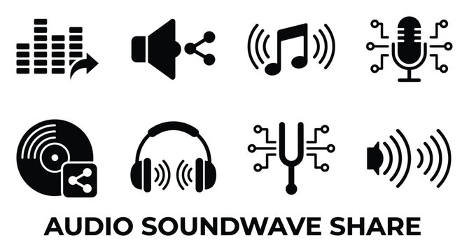 Audio soundwave share icons set for music sharing and streaming technology elements vector.