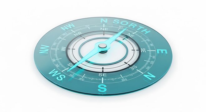 Blue and white circular compass with cardinal directions and decorative pattern