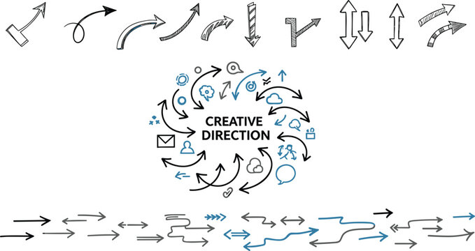 Creative direction arrows and hand drawn business navigation icons doodle vector set for corporate marketing strategy layout and brainstorming presentation template