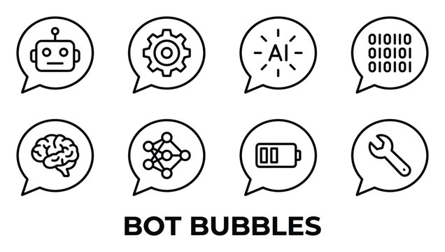 Bot icons speech bubble robot gear AI brain network battery wrench technology science abstract.