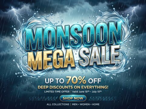 Monsoon mega sale banner with rain and water splash