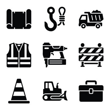 This set of nine black icons depicts construction-related items such as blueprints, heavy machinery, safety gear, and various hand and power tools.