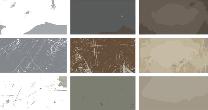 Grunge texture backgrounds vector collection with scratched distressed rust and concrete effects for vintage graphic design layout advertising poster template