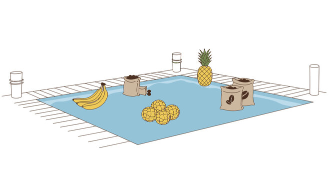 Creative concept: Fruits and coffee bags floating in a swimming pool.