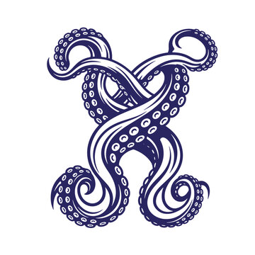 Crossed stylized octopus tentacles monochromatic vector design with x shape sea life white background tentacle art sea creature tentacles nautical tentacle