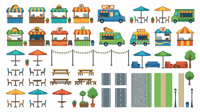 Street food festival vector kit, outdoor market stalls and food trucks collection, summer fair event map creator with picnic tables and kiosks