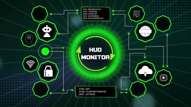 Advanced hud monitor layout displaying real time system diagnostic metrics inside green glowing network loops