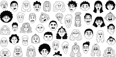Fototapeta premium Diverse Cartoon Faces, Hand Drawn Illustrations, Black and White Avatars, Vector Character Heads