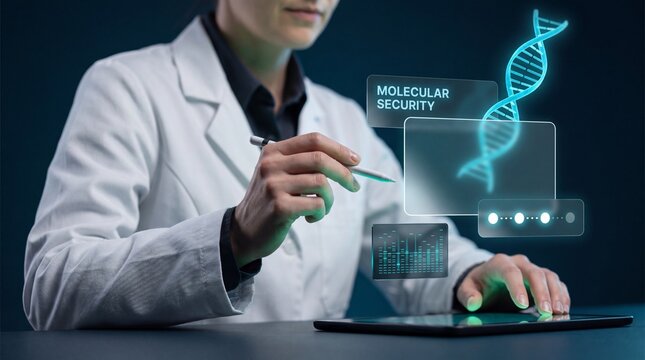 Scientist in Lab Coat Interacting with Luminous Molecular Security Panel on Tablet to Examine DNA, Protect Biodata, and Ensure Integrity, Focusing on Bioscience, Genomic Protection