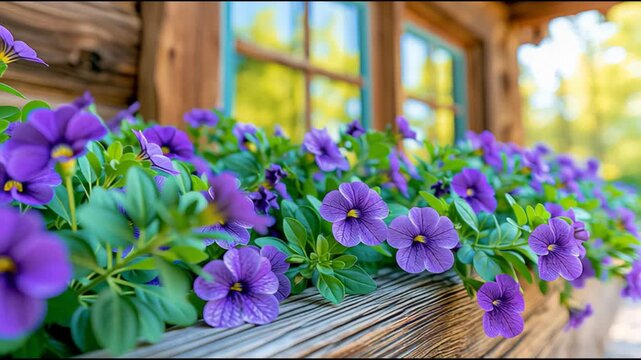 Close-up of vibrant purple petunia flowers blooming beside a rustic wooden cabin window, capturing countryside charm, natural beauty, and a peaceful garden atmosphere.