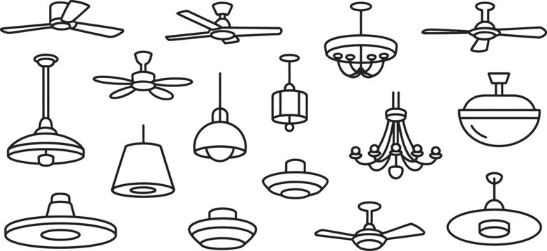 Ceiling fan and light fixture icons, 16 black line drawings, lighting fixtures, ceiling fans