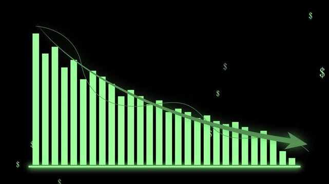 Descending finance bar chart with arrow animation, Descending values with curved trend lines and arrow, dollar symbols scattered